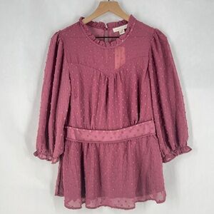 Monteau Purple Sheer Swiss Dot Ruffle Neck 3/4 Sleeve Peplum‎ Blouse NWT XL